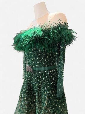Custom Made Emerald Feather-Trim Evening Gown. One-of- one.